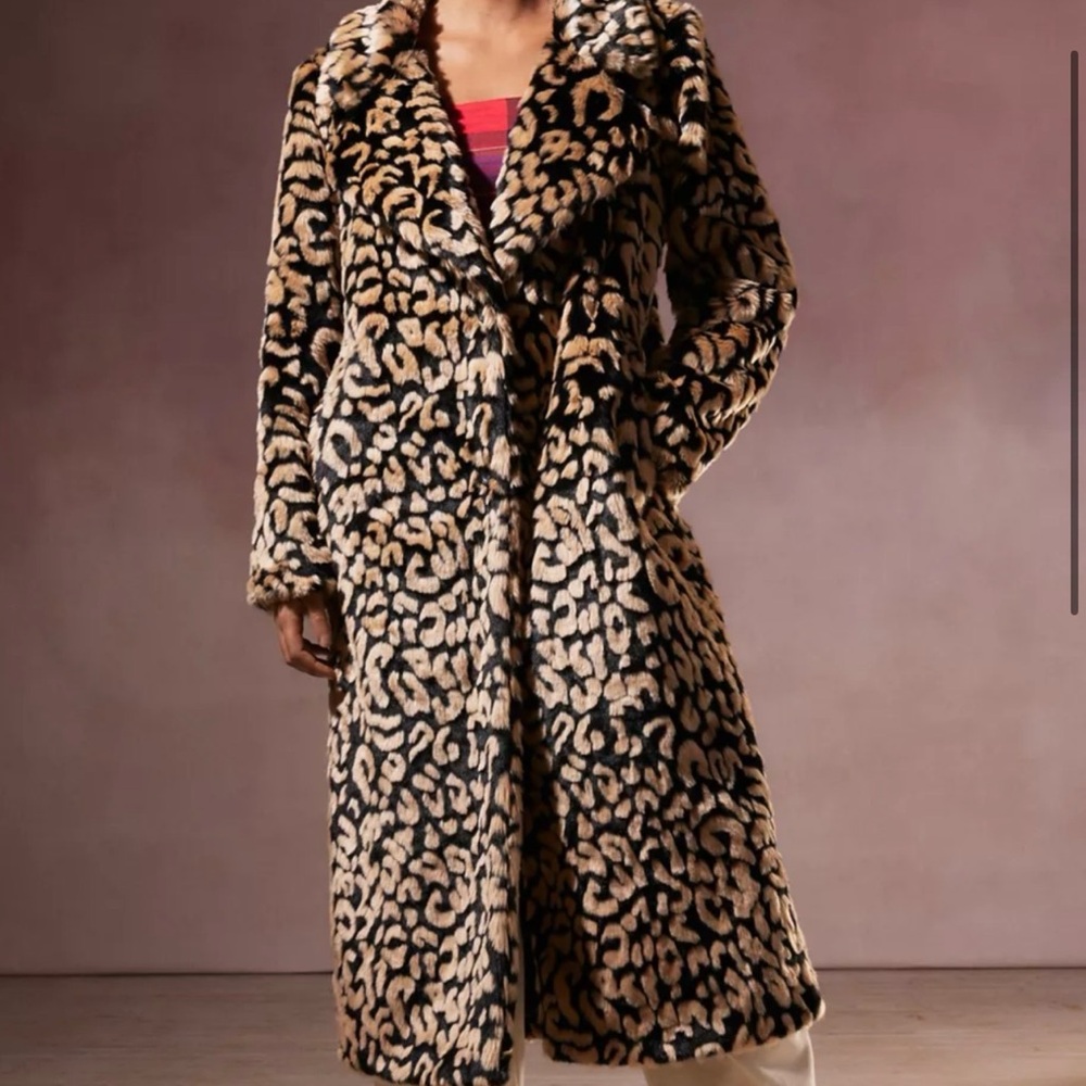 Leopard Print Faux Fur Long Coat - Beige & Black